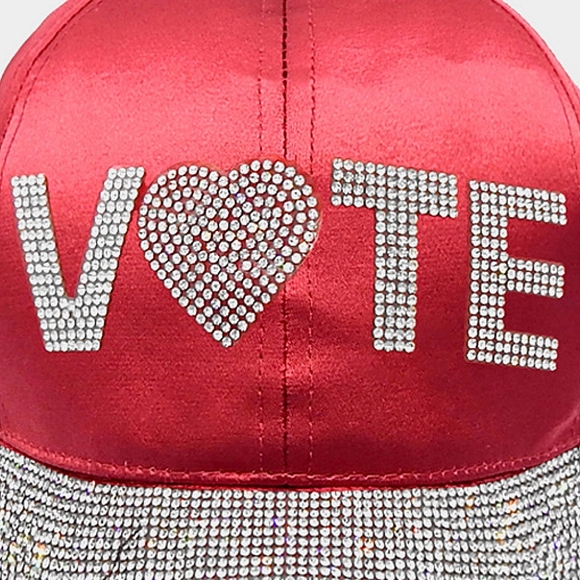 Red VOTE Rhinestone Crystal Brim Baseball Cap Statement Hat Bling - Picture 3 of 3